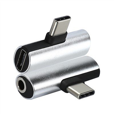 สีเงิน T-shape USB C เป็น Audio and Charger Adapter